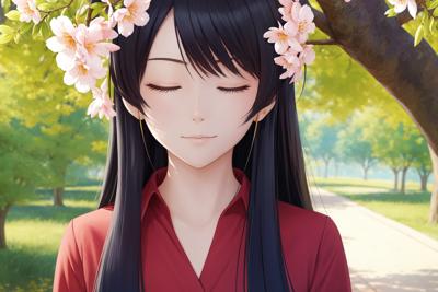 02568-3965654188-girl, solo, red shirt, both eyes closed, face, perfect, masterpiece, tree, flowers, anime screencap, ((masterpiece)), pixiv, art.png